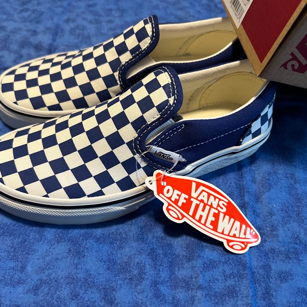Vans Blue and White Checkerboard Classic Slip-On Sneakers